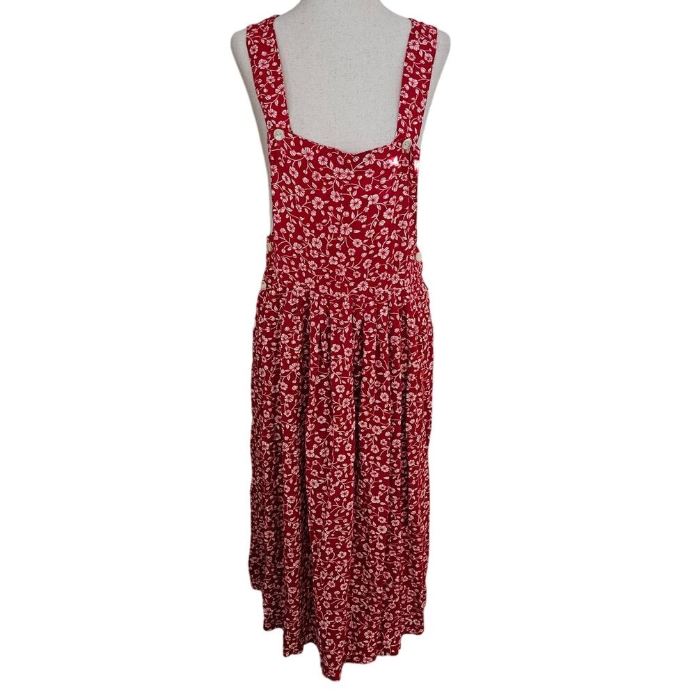 Vintage 90s Floral Sundress Red Overall Buttons Pleated Midi Oversize Medium